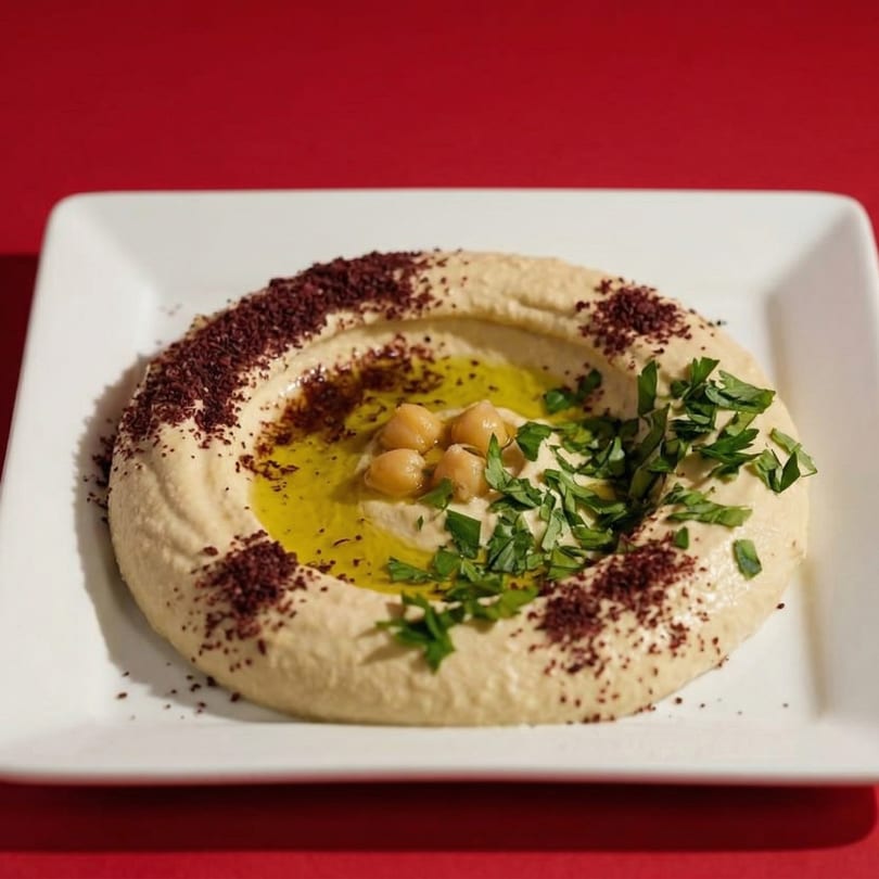 Creamy hummus with olive oil, chickpeas, sumac, and fresh parsley on a white plate.