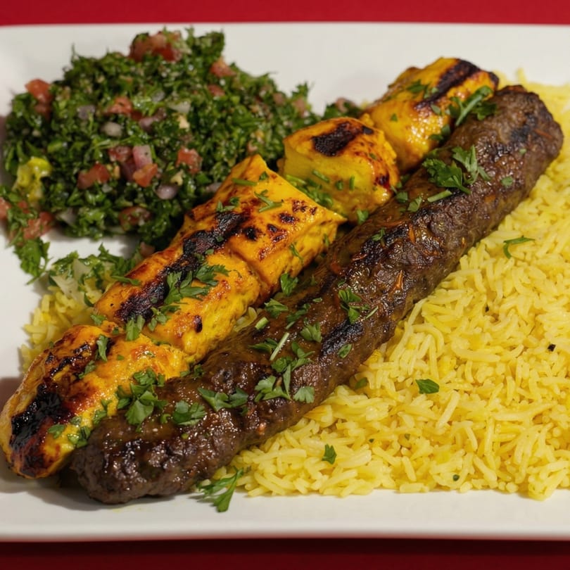 Grilled chicken and beef kebabs with yellow rice and tabbouleh salad on a white plate.