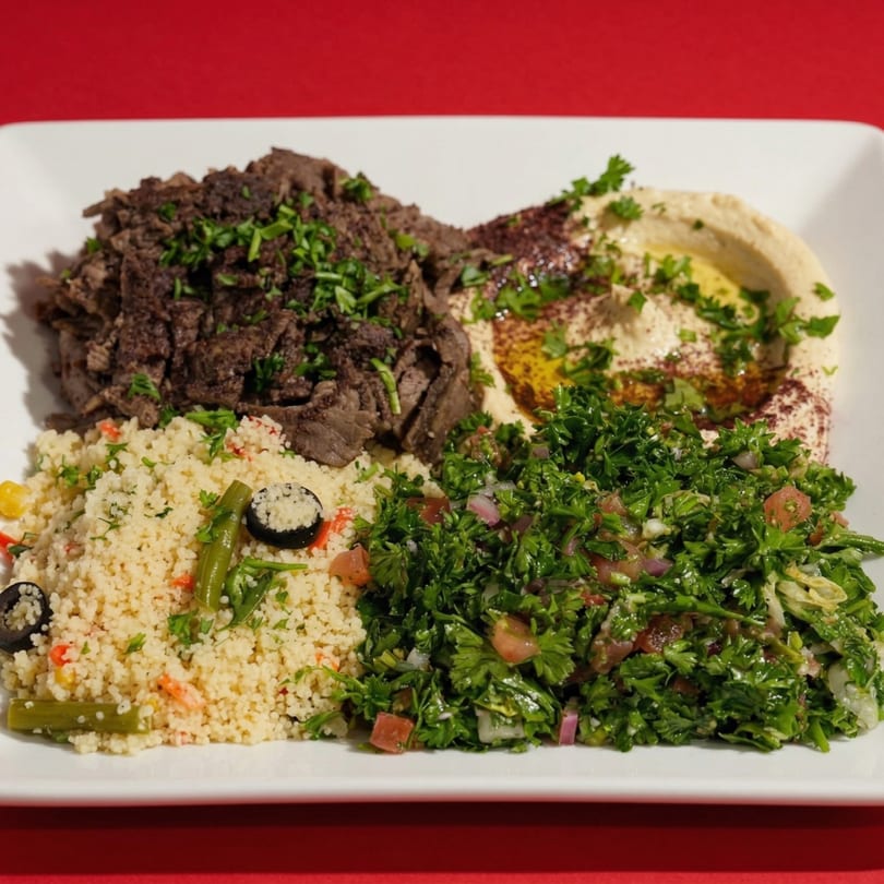 A white plate with shredded meat, hummus, couscous, and tabbouleh salad on a red background.