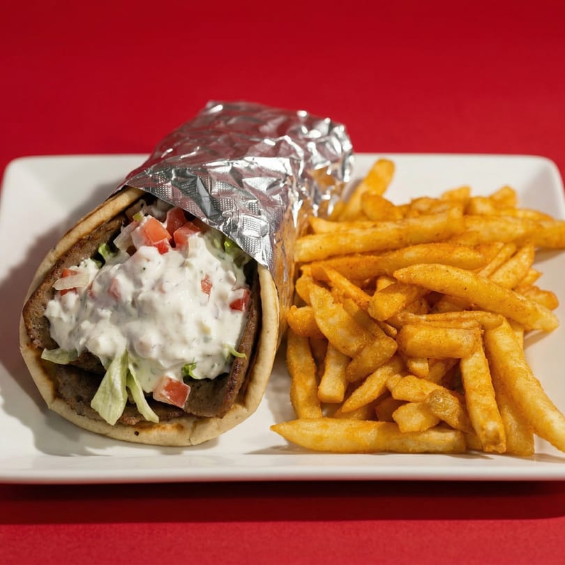 Gyro with white sauce, lettuce, and tomatoes, wrapped in foil, served with seasoned fries.